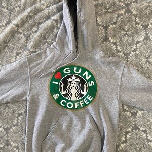 Gray Hoodie with I Love Guns & Starbucks Logo